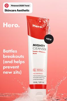 Hero Mighty Cleanser product with bubbles and water splashes on a pink background