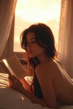 Woman with long dark hair reading a book in bed during golden hour