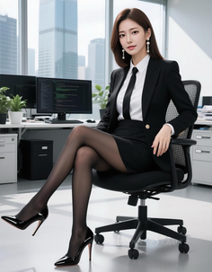 Woman in a business suit and black pantyhose sitting in an office chair