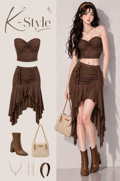 Illustration of a woman in a brown top and skirt with matching accessories