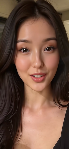 Woman with long dark hair and a subtle smile in soft lighting