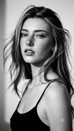Woman with long hair and freckles wearing a nose ring and black top