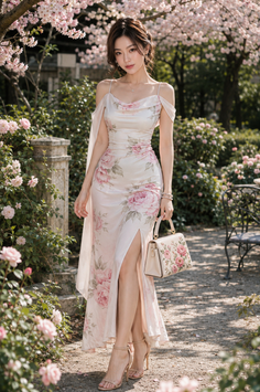 Woman in a floral dress and high heels standing in a garden with cherry blossoms
