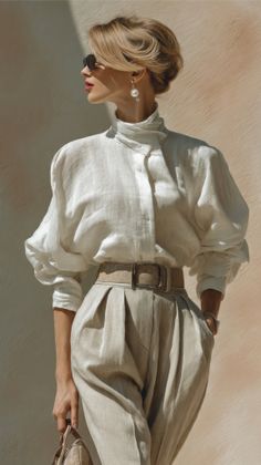 Woman in a white shirt and high-waisted pants with sunglasses and pearl earrings