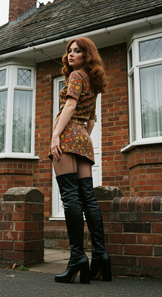 Woman with red hair in a mini dress and thigh-high boots posing outdoors