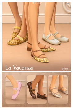 Multiple pairs of shoes on a light brown floor, including flats and slingbacks