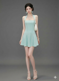 Woman in a light green halter dress and high heels posing in a studio