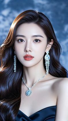 Woman with long dark hair wearing sparkling jewelry against a dark background
