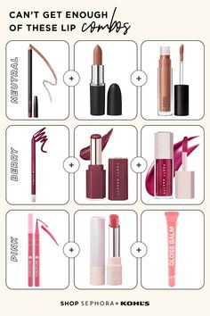 Lip product combinations in neutral, berry, and pink shades on a white background