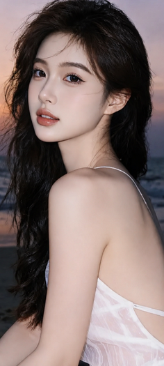 Woman with long dark hair in a white dress at sunset