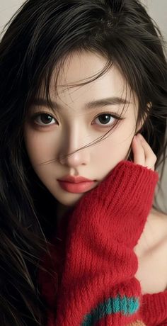 Woman with black hair wearing a red sweater, looking directly at the viewer