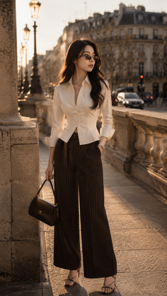 Woman in a white shirt and striped pants on a city street at golden hour