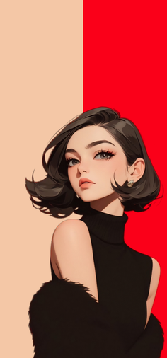 Illustration of a woman with short dark hair wearing a black turtleneck