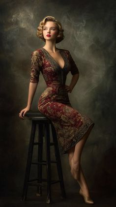 Woman in a vintage red dress with blonde curly hair sitting on a stool