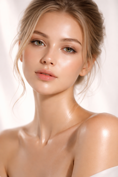 Woman with blonde hair and glowing skin in a soft lighting portrait