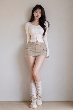 Woman in a cropped cardigan and mini skirt with leg warmers indoors