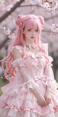 Anime style girl with pink hair and a pink lolita dress under cherry blossoms