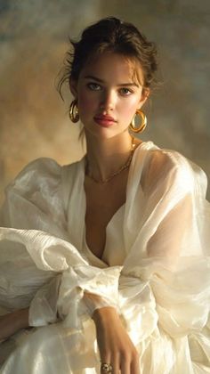 Woman in a white dress with gold jewelry and soft lighting