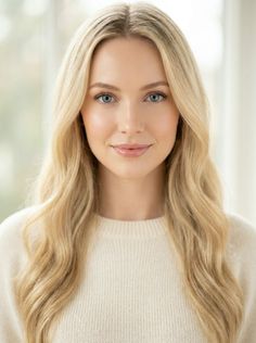 Woman with blonde hair and blue eyes wearing a cream sweater