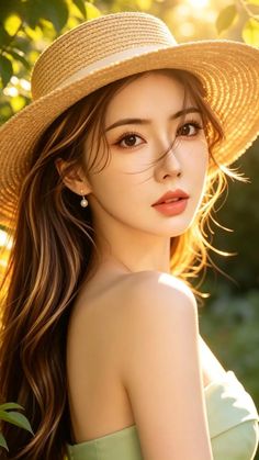 Woman with long hair and a straw hat in soft golden hour lighting