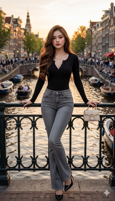 Woman in a black top and grey jeans posing on a bridge over a canal at golden hour