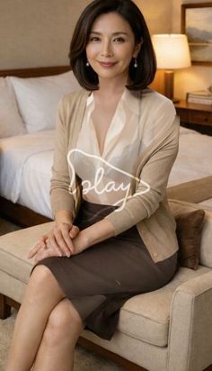 Woman with short hair wearing a cardigan and pencil skirt in a bedroom
