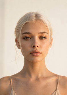 Woman with blonde hair and green eyes in soft lighting