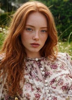 Woman with red hair and freckles wearing a floral dress with lace trim outdoors