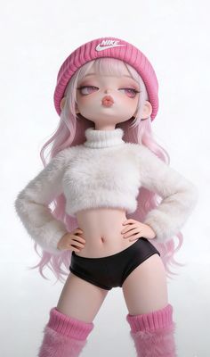 3D render of a character with pink hair, wearing a crop top and shorts