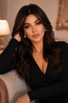 Woman with long wavy hair and a black dress posing indoors
