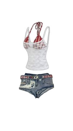 White lace top with a red striped bra and distressed denim shorts