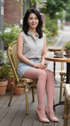 Woman in a denim skirt and pink tights sitting at an outdoor cafe