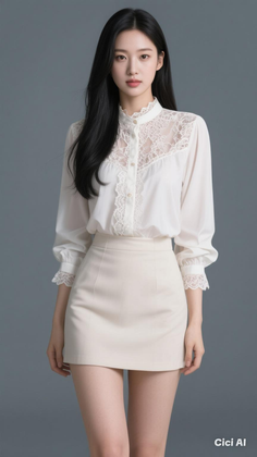 Woman with long black hair wearing a white lace blouse and mini skirt