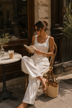 Woman in a white outfit reading a book at an outdoor cafe on a sunny day