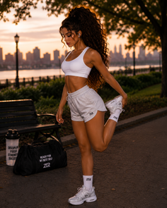 Woman in athletic wear stretching outdoors at golden hour with a cityscape in the background