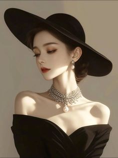 Woman in a wide brim hat and off shoulder dress with pearl jewelry