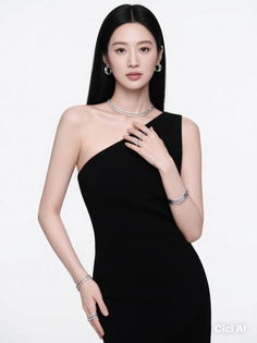 Woman in a black one-shoulder dress with jewelry against a white background