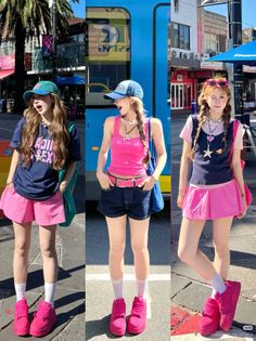 Three women in bright casual outfits on a sunny street