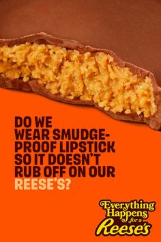 Close up of a Reese's peanut butter cup with text overlay and brand logo