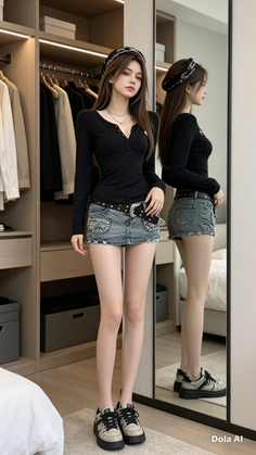 Woman in a black top and denim mini skirt posing in front of a mirror