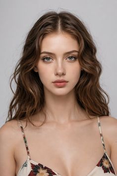Woman with long wavy hair wearing a floral top against a light background