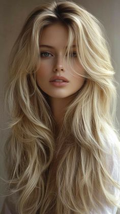 Woman with long blonde hair and blue eyes in a soft lighting portrait