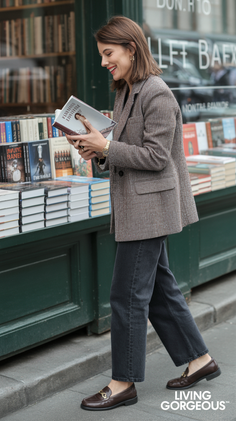 Woman in a brown blazer and jeans reading a book outside a bookstore