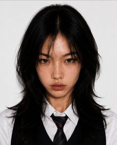 Person with black hair wearing a school uniform with a white shirt and striped tie