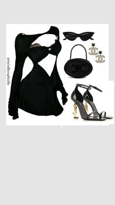 Black cut-out dress with matching accessories and high heels
