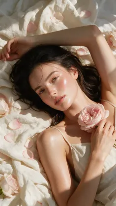 Woman with long dark hair holding a pink rose, lying on white fabric with petals