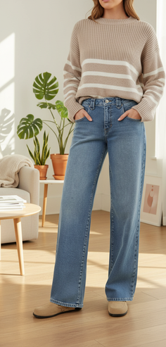 Person in a striped sweater and wide leg jeans standing indoors with houseplants