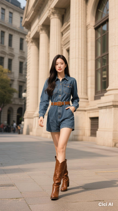 Woman in a denim romper and brown boots walking on a city street