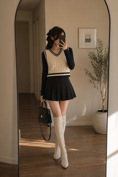 Woman in a black pleated skirt and sweater vest taking a mirror selfie