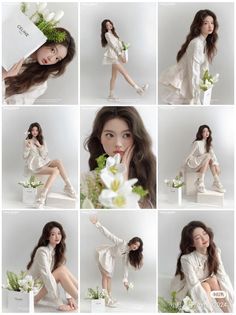 Woman with long hair in a white dress posing with white flowers in a studio